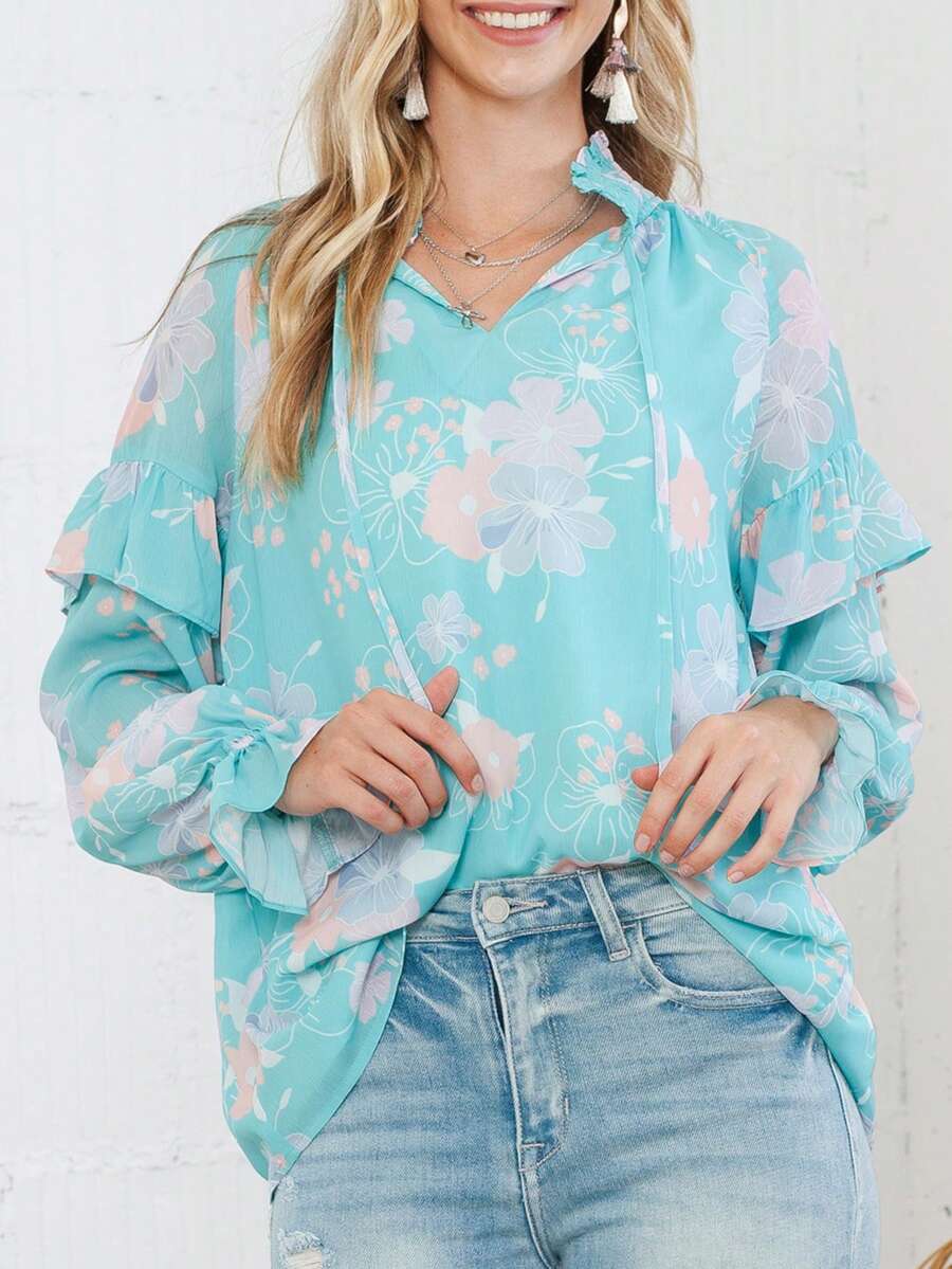 Astylish 休閒印花燈籠袖拉鍊女襯衫 - 淺藍色 - 查看 1