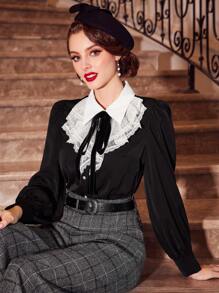 Vintamour Contrast Lace Tie Front Shirt - Black and White - View 1