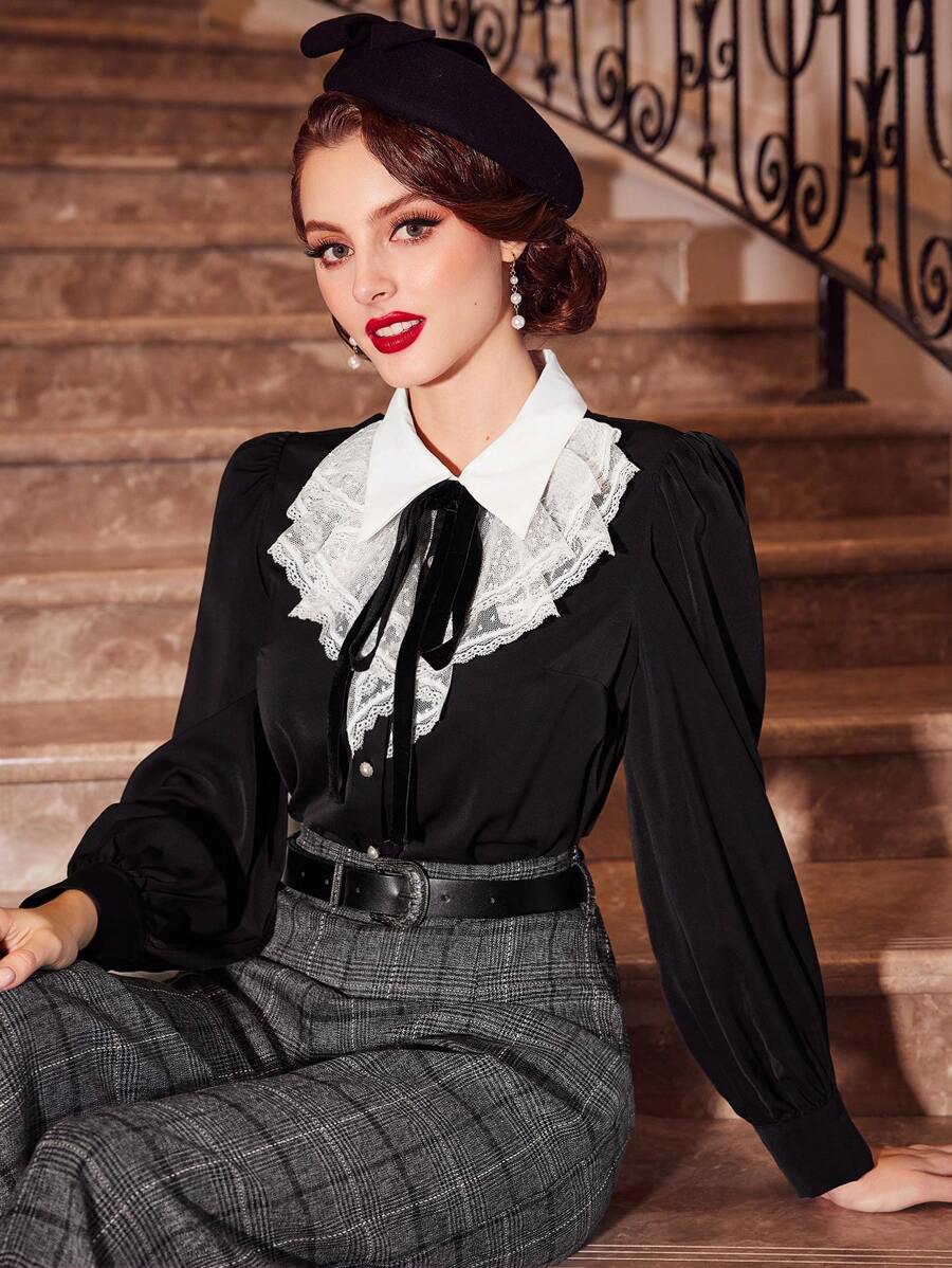 Vintamour Contrast Lace Tie Front Shirt - Black and White - View 1