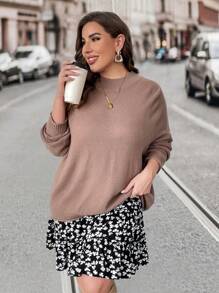 SHEIN LUNE Plus Mock Neck Drop Shoulder Sweater Knit Pullover Fall Winter Outfit - Brown - View 4