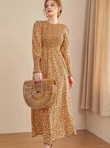 Mulvari Flower Pattern Round Neck Long Sleeve Dress - Yellow - View 1