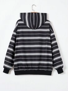 SHEIN EZwear 條紋印花字母圖案落肩袖抽繩連帽衫 - 黑與白 - 查看 2