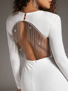 SHEIN BAE 女性性感白色圓領長袖露背緊身連衣裙