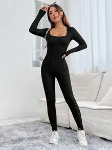 SHEIN PETITE Square Neck Ribbed Knit Unitard Spring Women Jumpsuit - Black - View 7