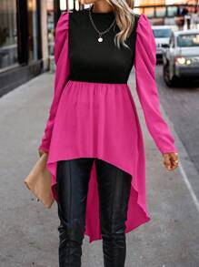 SHEIN Clasi Two Tone Puff Sleeve High Low Hem Top - Hot Pink - View 1