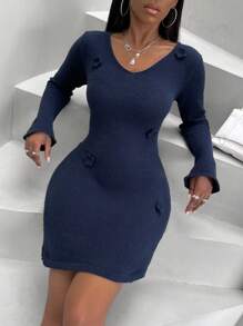 Zolique Solid V-neck Stereo Flower Sweater Dress - Black - View 3