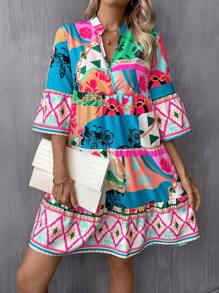 Breezaya Geo Print Flare Sleeve Ruffle Hem Smock Dress