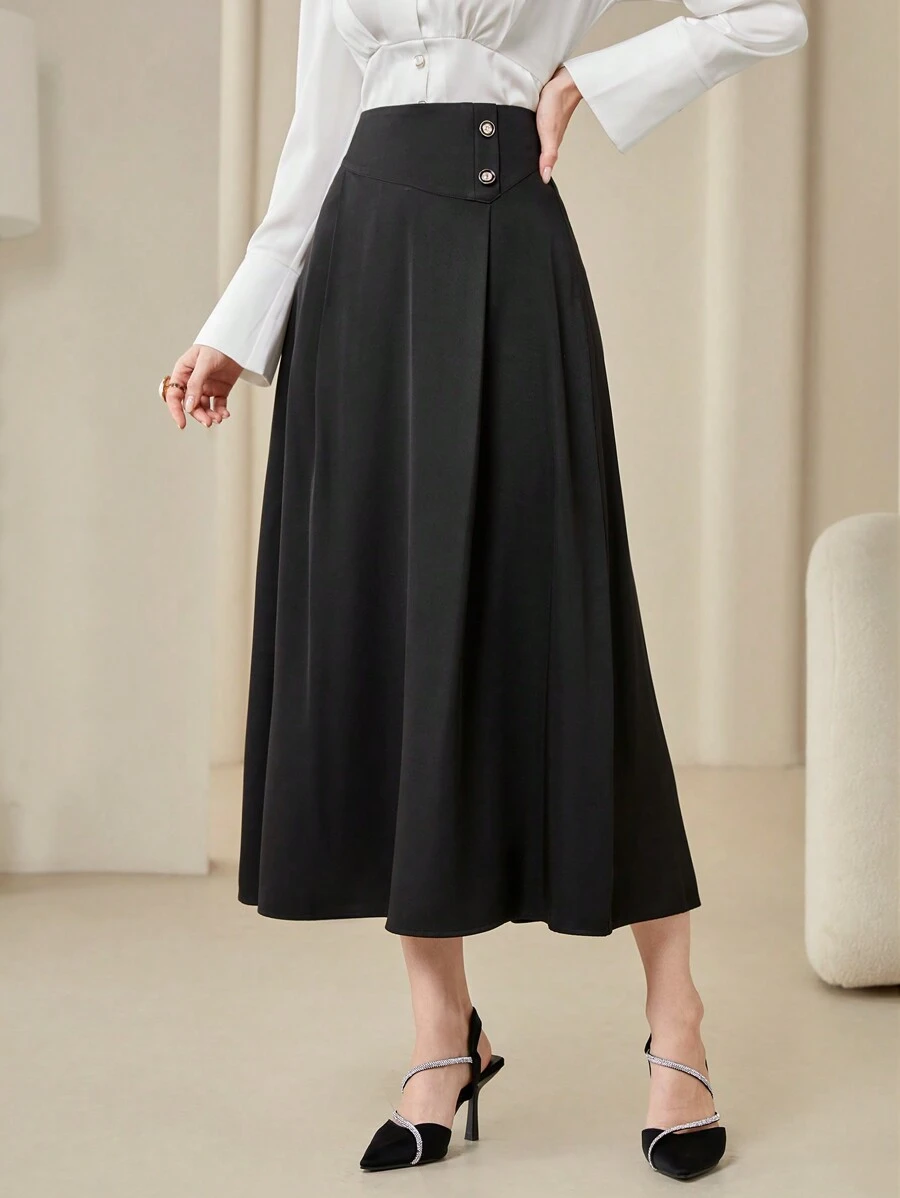 Modelyn Solid Color High Waisted Umbrella Hem Skirt - Black - View 1