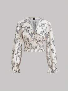 SHEIN MOD 印花荷葉袖大翻領襯衫 - 彩色 - 查看 1