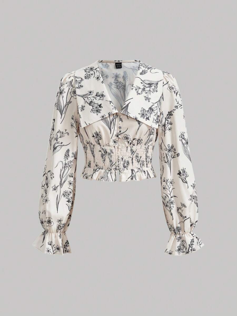 SHEIN MOD 印花荷葉袖大翻領襯衫 - 彩色 - 查看 1