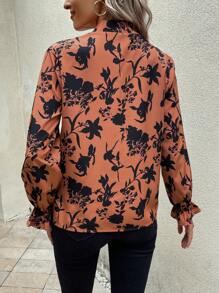 SHEIN LUNE In hoa Cà vạt tay áo lá sen Áo sơ mi - Màu Cam san hô - Xem 2