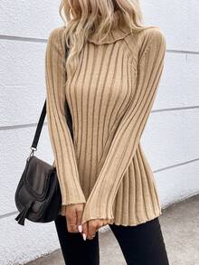 SHEIN LUNE 高領插肩袖條紋針織套頭毛衣 - 卡其色 - 查看 3