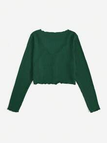 SHEIN Qutie Hơn Ren Mộc nhĩ Nút phía trước Áo thun - Màu xanh lá cây đậm - Xem 2