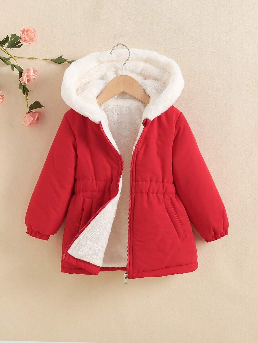 SHEIN 女小童拉鏈開襟毛絨襯裡連帽外套 - 紅色 - 查看 1