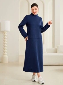 Mulvari Solid Kangaroo Pocket Mock Neck Sweatshirt Dress - Navy Blue - View 4