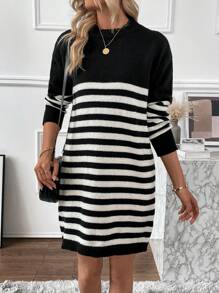 SHEIN LUNE 條紋圖案落肩袖毛衣洋裝 - 黑色 - 查看 1