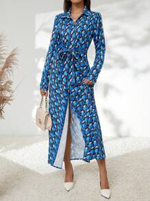 GENKIRA Allover Print Belted Shirt Dress - Multicolor - View 5