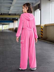 Tween Girl Flap Pocket Hooded Velvet Jacket & Pants - Hot Pink - View 2