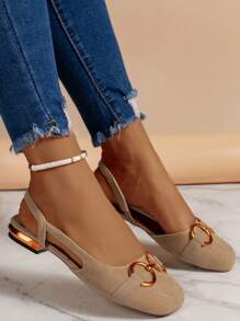 2025 Autumn Women's Flat Shoes,Women's Backless Strap Sandals Spring And Summer New Fashion Metal Buckle Low Chunky Heel Square Toe Shoes - Khaki - View 6