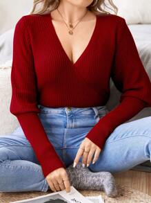 SHEIN Unity Suéter de punto con detalle de envoltorio y mangas abullonadas de estilo de cordero, de punto acanalado y talla grande, para otoño e invierno - Burdeos - Ver 1