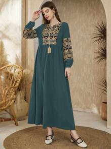 Al Najma Vestido largo de manga larga con estampado geométrico modesto árabe para damas - Verde - Ver 3