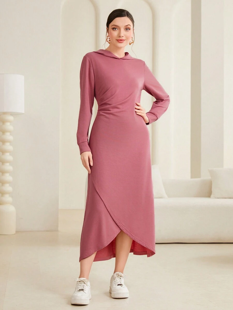 Mulvari Màu thuần áo có mũ Bao bên Đầm nỉ - Màu Hồng Tươi - Xem 1