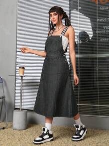 SHEIN EZwear Women's Striped Shoulder Strap Denim Dress
