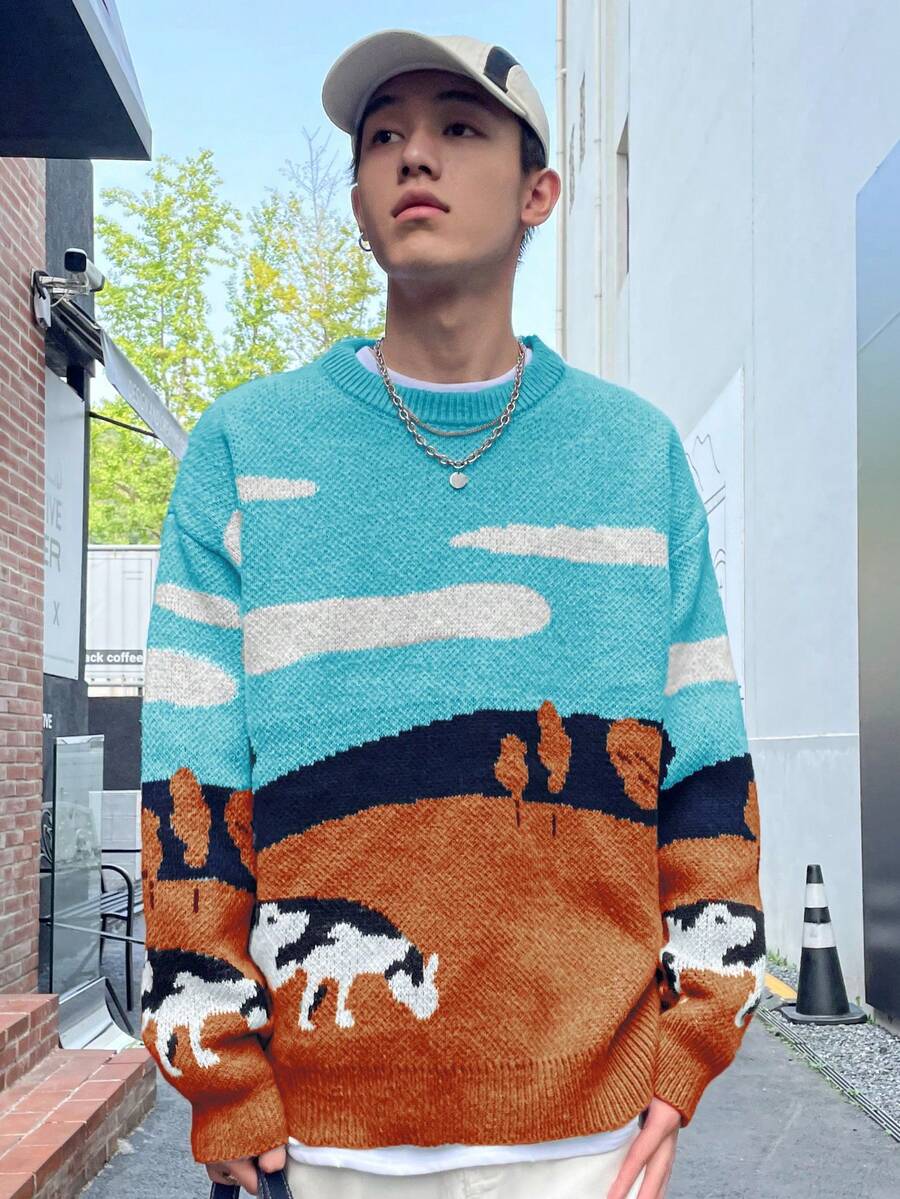 Manfinity Hypemode Nam Họa tiết động vật Khối màu Thả vai Áo len - trái cam - Xem 1