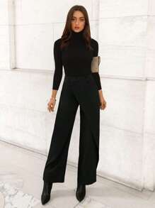 Firerie 纯色纽扣细节裹身长裤 - 黑色 - 查看 3