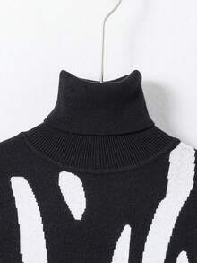 青少年男孩圖形圖案高領套頭毛衣 - 黑與白 - 查看 3