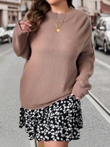 SHEIN LUNE Plus Mock Neck Drop Shoulder Sweater Knit Pullover Fall Winter Outfit - Brown - View 6