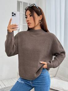 SHEIN PETITE 半高領下肩寬鬆毛衣 - 咖啡棕 - 查看 5