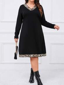 SHEIN LUNE Hơn Tương phản Sequin Ruy băng Cổ chữ V Đầm - màu đen - Xem 5