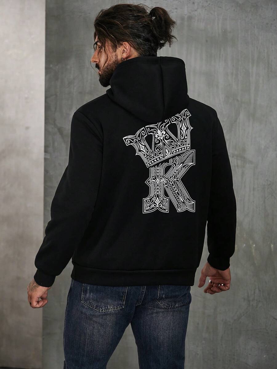 Manfinity LEGND Men Plus Letter Graphic Drawstring Hoodie - Black - View 1