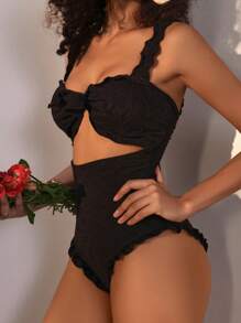 Swim Mod 鏤空褶邊前打結連體泳衣