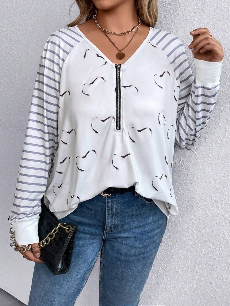 Plus Striped & Heart Print Raglan Sleeve Half Zip Tee Fall Cloth For Women