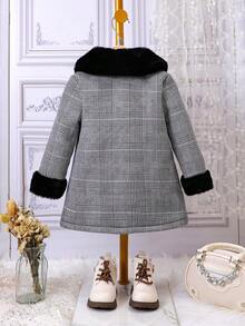 SHEIN Cô Gái Trẻ Kẻ sọc Glen Cổ áo Borg Túi Kép áo - Xám - Xem 2