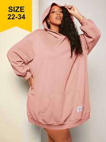 SHEIN CURVE+ 大碼字母貼布袋鼠口袋落肩袖連帽衛衣裙 - 藕粉色 - 查看 6