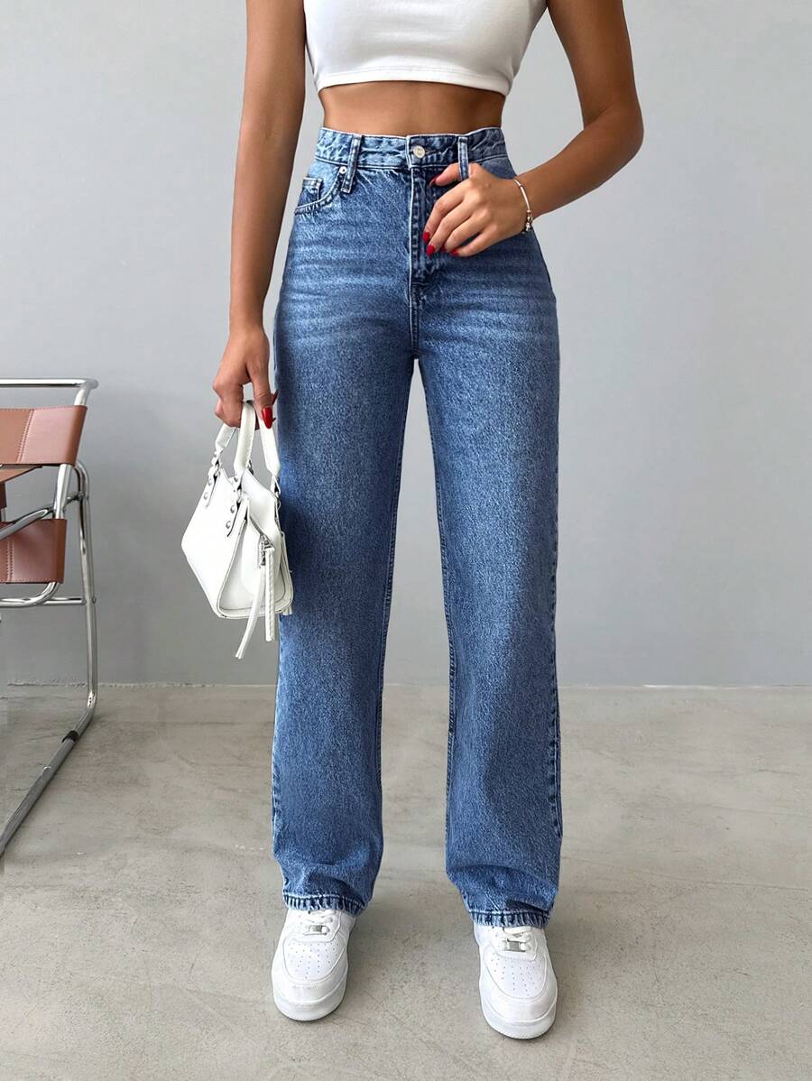 EURMUSE Casual High Waist Straight Leg Jeans - Royal Blue - View 1