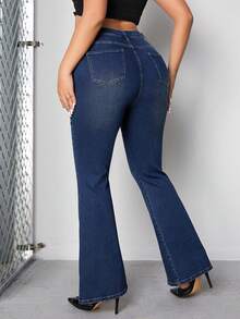 SHEIN ICON Plus Size Denim Flared Pants With Stud Detail - Dark Wash - View 2