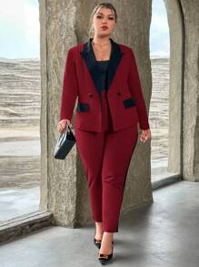 SHEIN Privé Plus Contrast Panel Peak Collar Blazer & Pants In Fall/Winter - Burgundy - View 6