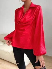 Zolique Draped Collar Lantern Sleeve Blouse - Red - View 5