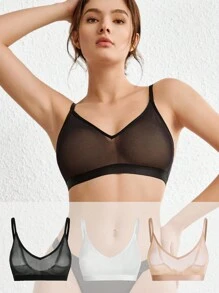 Ocili Leisure 3pcs Solid Sheer Mesh Bralette Lingerie - Multicolor - View 5