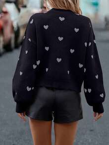 SHEIN LUNE Women's Heart Pattern Lantern Sleeve Sweater - Black - View 2