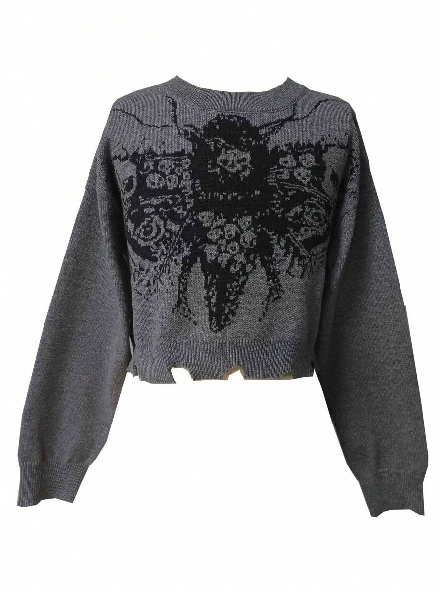 SHEIN Tween Girl Insect Pattern Drop Shoulder Cut Hem Sweater - Grey - View 1