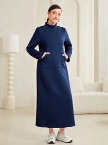 Mulvari Solid Kangaroo Pocket Mock Neck Sweatshirt Dress - Navy Blue - View 5