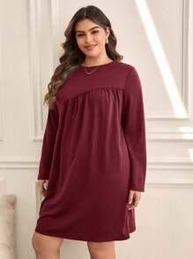 SHEIN Frenchy 大碼素色娃娃裙 - 酒紅色 - 查看 5