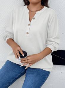 SHEIN LUNE Plus Half Button Sweatshirt - White - View 5