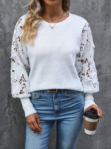 SHEIN LUNE Guipure Ren tương phản Tay áo lồng đèn Áo len - trắng - Xem 7