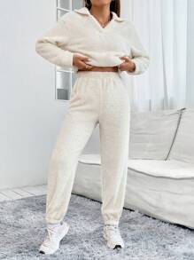 SHEIN PETITE Solid Teddy Sweatshirt & Pants - Beige - View 3